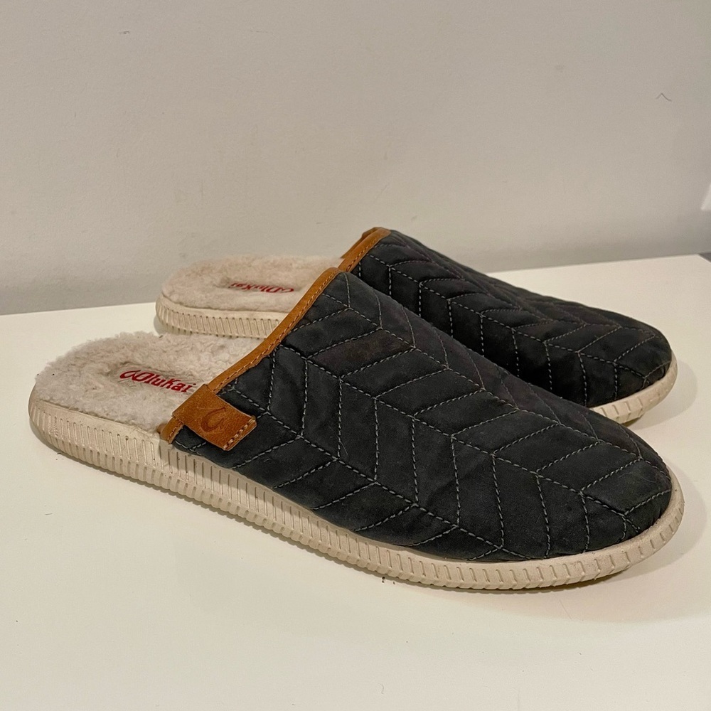 Olukai Mua Shearling Lined Slippers Navy Blue Quilted Size 10